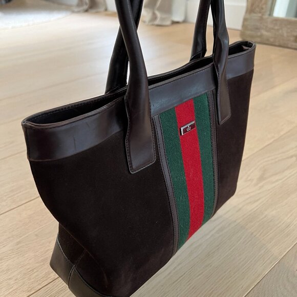 Vintage Classic Gucci Tote Chocolate Brown Suede Striped Web Accent - Picture 3 of 7